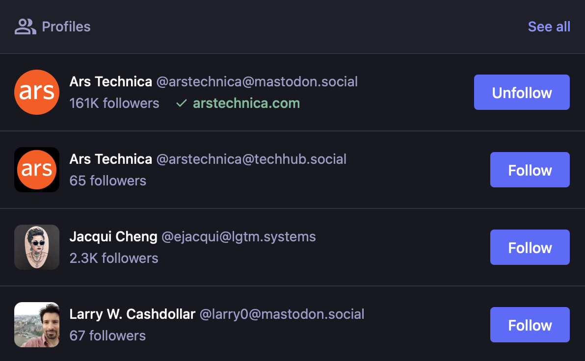 搜索“arstechnica”时的结果示例,包括带站点域名的帐户